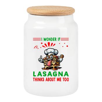 I wonder if lasagna thinks of me too - Cookie Jar with Wooden Lid - white - Front