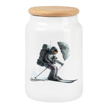Astronaute Skieur - Boîte à biscuits avec couvercle en bois - blanc - Devant