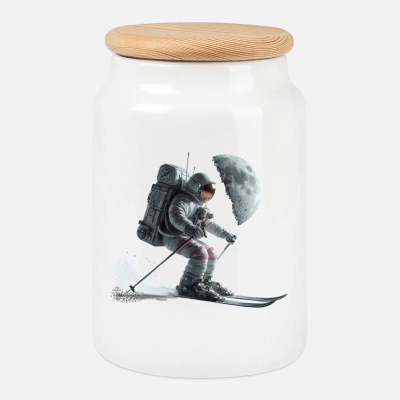 Astronaut Skifahrer - Keksdose mit Holzdeckel - Weiß
