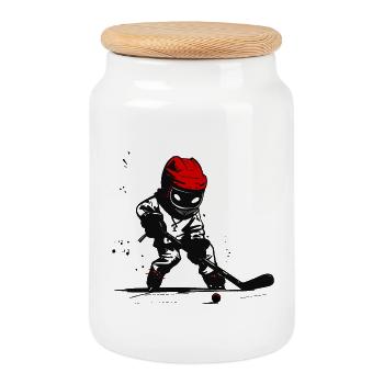 Eishockeyspieler mit rotem Helm - Keksdose mit Holzdeckel - Weiß - Vorne