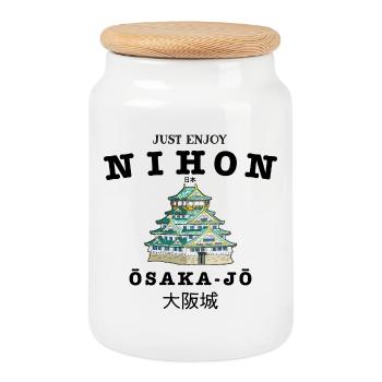 Château d’Osaka, Japon, dessin à la main - Boîte à biscuits avec couvercle en bois - blanc - Devant