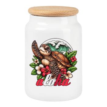 Aloha Turtle Hawaii Gift - Cookie Jar with Wooden Lid - white - Front