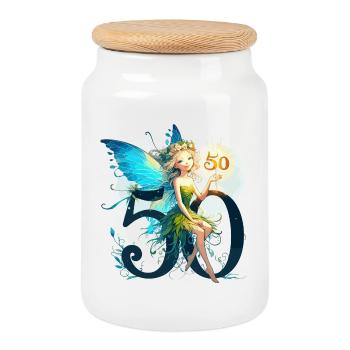 50 Years Fairy Elf Cute Birthday Gift - Cookie Jar with Wooden Lid - white - Front