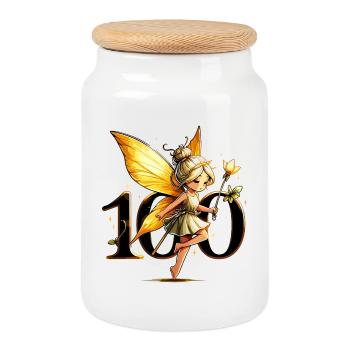 100 Years Fairy Elf Cute Gold Birthday Gift - Cookie Jar with Wooden Lid - white - Front