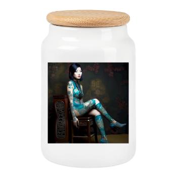 Portrait Woman 05 Tattoo - Cookie Jar with Wooden Lid - white - Front
