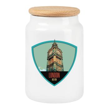 Ikonische Illustration des Big Ben Towers - Keksdose mit Holzdeckel - Weiß - Vorne