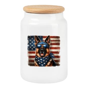 Schäferhund mit USA Flagge - Keksdose mit Holzdeckel - Weiß - Vorne