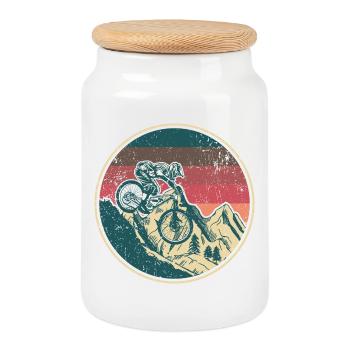Retro Mountainbiker Wappen - Keksdose mit Holzdeckel - Weiß - Vorne