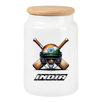 Casque de cricket indien à motif d'éléphant - Boîte à biscuits avec couvercle en bois - blanc - Devant