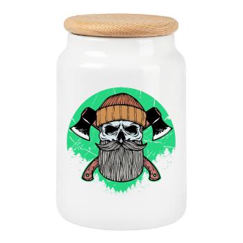 wood forest axe lumberjack woodwork woodwork woodwork - Cookie Jar with Wooden Lid - white - Front