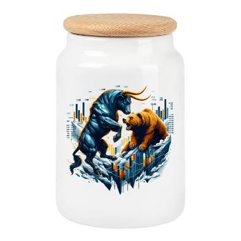 Finance Taurus Bear Fight Wall Street Gift - Cookie Jar with Wooden Lid - white - Front
