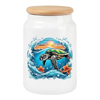 Sunset turtle by the sea - Cookie Jar with Wooden Lid - white - Front