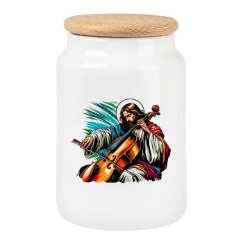 Jesus Christus Cello Musik Design - Keksdose mit Holzdeckel - Weiß - Vorne