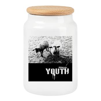 Jeunesse innocente avec motif de mouton - Boîte à biscuits avec couvercle en bois - blanc - Devant
