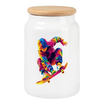 Man Who Skates - Cookie Jar with Wooden Lid - white - Front