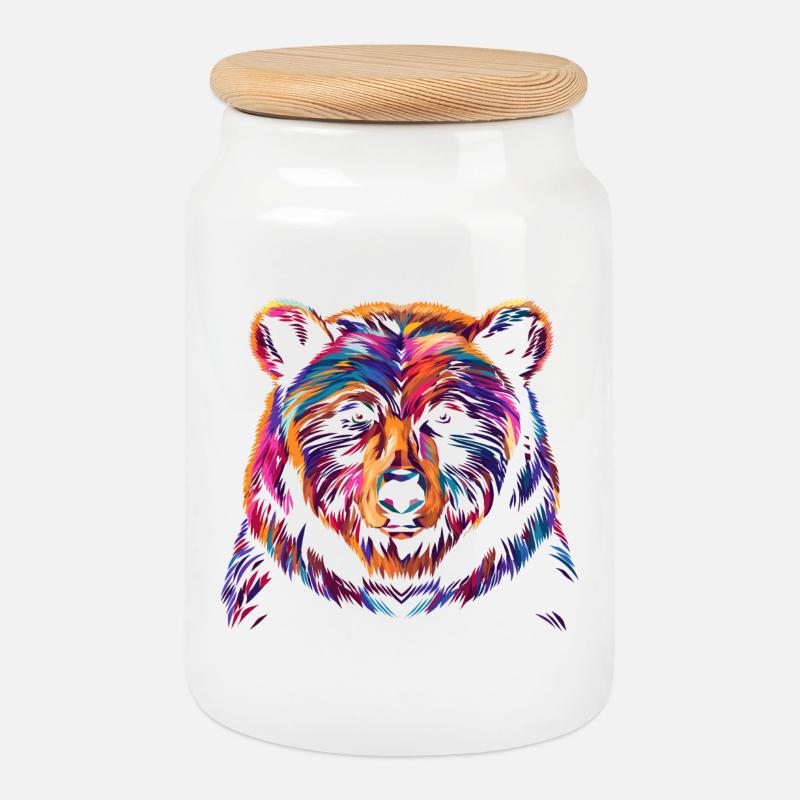 Colorful Bear Illustration - Cookie Jar with Wooden Lid - white