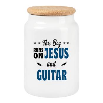 This boy is playing Jesus and guitar - Cookie Jar with Wooden Lid - white - Front
