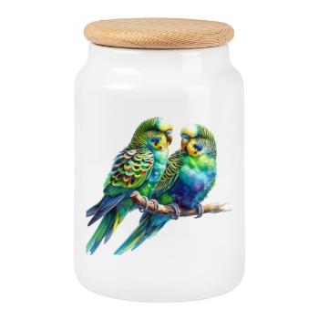 Watercolor Parakeets - Cookie Jar with Wooden Lid - white - Front