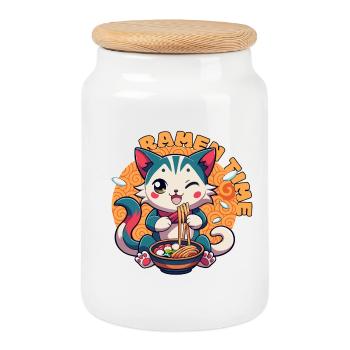 Ramen Katze Kawaii - Keksdose mit Holzdeckel - Weiß - Vorne