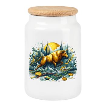 Finance Stocks Taurus Gold Wall Street Gift - Cookie Jar with Wooden Lid - white - Front