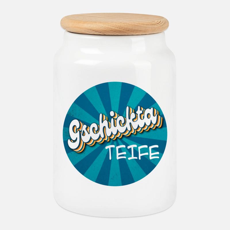 gschicka Teife - skillful devil, talented - Cookie Jar with Wooden Lid - white