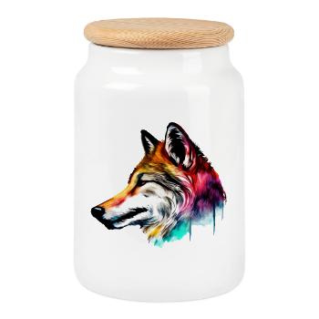 Tête de loup colorée - Boîte à biscuits avec couvercle en bois - blanc - Devant