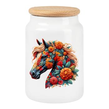 Horse decorated with flowers - Cookie Jar with Wooden Lid - white - Front