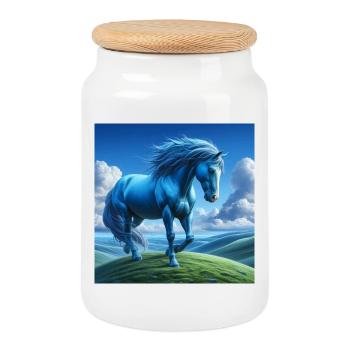 Cheval bleu - Boîte à biscuits avec couvercle en bois - blanc - Devant