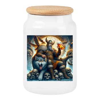 Viking avec un loup - Boîte à biscuits avec couvercle en bois - blanc - Devant