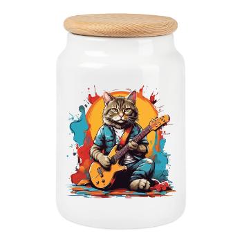 Chat avec guitare - Boîte à biscuits avec couvercle en bois - blanc - Devant