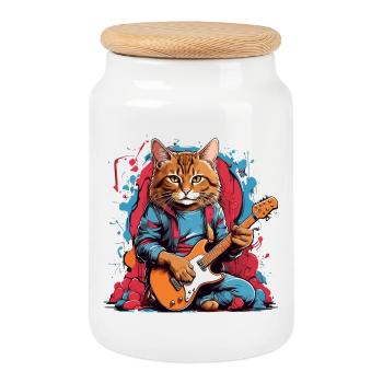 Chat avec guitare - Boîte à biscuits avec couvercle en bois - blanc - Devant