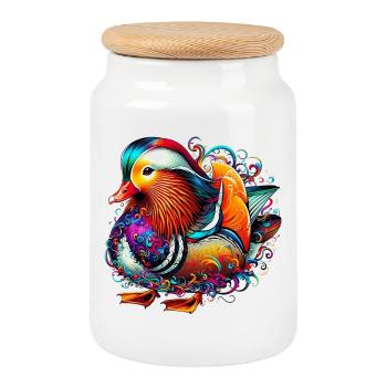 Mandarin duck - Cookie Jar with Wooden Lid - white - Front