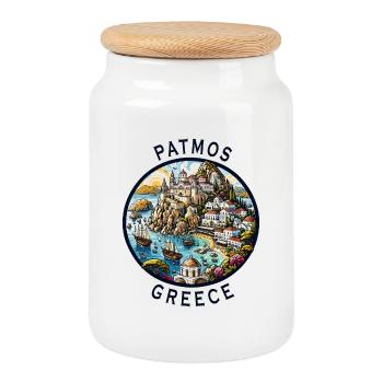 Patmos Greece Vacation Aegean Sea Travel - Cookie Jar with Wooden Lid - white - Front