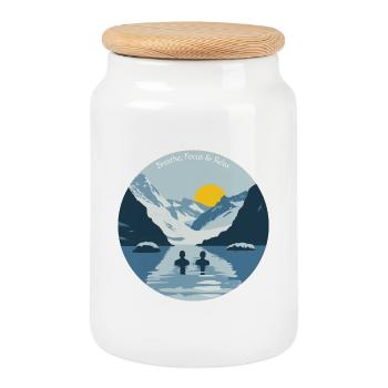 Two people taking an ice bath in the cold mountains - Cookie Jar with Wooden Lid - white - Front