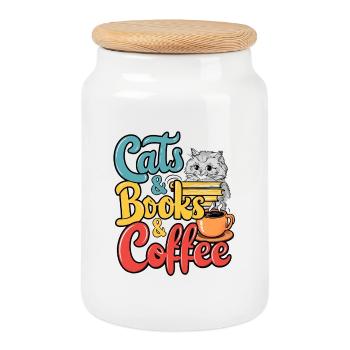 Katzen, Bücher und Kaffee Design - Keksdose mit Holzdeckel - Weiß - Vorne
