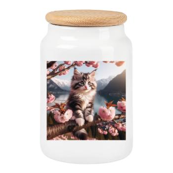 Maine Coon Katze Welpe - Keksdose mit Holzdeckel - Weiß - Vorne