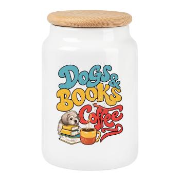 Chien et livres avec café - Boîte à biscuits avec couvercle en bois - blanc - Devant