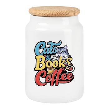 Katzen und Bücher mit Kaffee-Design - Keksdose mit Holzdeckel - Weiß - Vorne