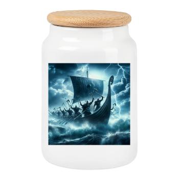 Navire viking - Boîte à biscuits avec couvercle en bois - blanc - Devant