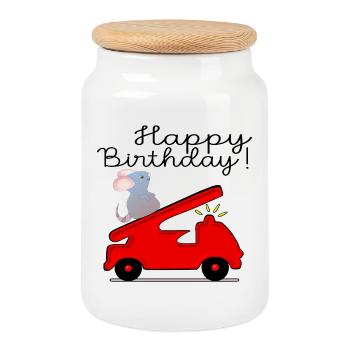 JOYEUX ANNIVERSAIRE POMPIER - Boîte à biscuits avec couvercle en bois - blanc - Devant