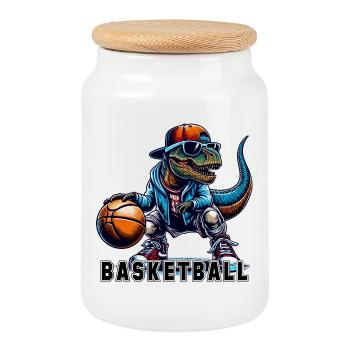 Basketball T-Rex Dinosaur Gift - Cookie Jar with Wooden Lid - white - Front