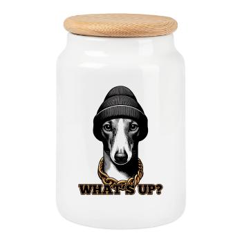 Windhund Was geht ab? Hund Geschenk - Keksdose mit Holzdeckel - Weiß - Vorne