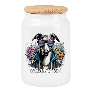 Windhund Was geht ab? Hund Graffiti Geschenk - Keksdose mit Holzdeckel - Weiß - Vorne