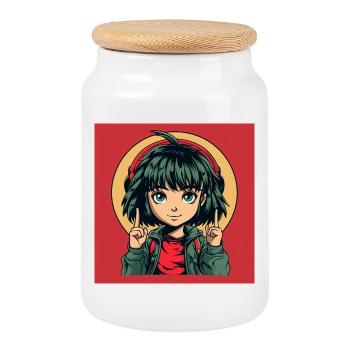 Anime Green eyes Girl - Keksdose mit Holzdeckel - Weiß - Vorne