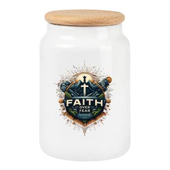 Faith over Fear – Mountain Landscape Cross - Cookie Jar with Wooden Lid - white - Front
