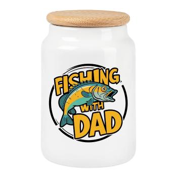 Pêche avec papa avec un design de poisson coloré - Boîte à biscuits avec couvercle en bois - blanc - Devant