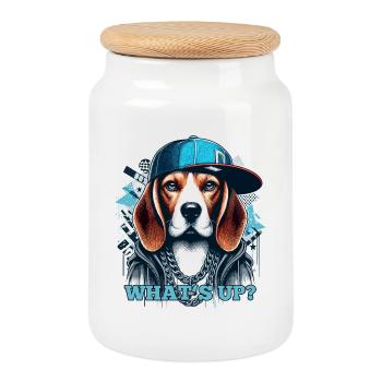 Beagle Gangsta What's Up? Dog Gift - Cookie Jar with Wooden Lid - white - Front