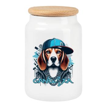 Beagle Gangsta Dog Cappy Gift - Cookie Jar with Wooden Lid - white - Front