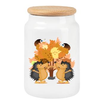 AUTUMN TREE HEDGEHOG ANIMAL ILLUSTRATIONS - Cookie Jar with Wooden Lid - white - Front
