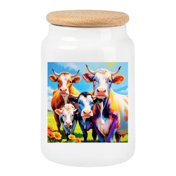 Conception de troupeau de vaches aux couleurs vives - Boîte à biscuits avec couvercle en bois - blanc - Devant